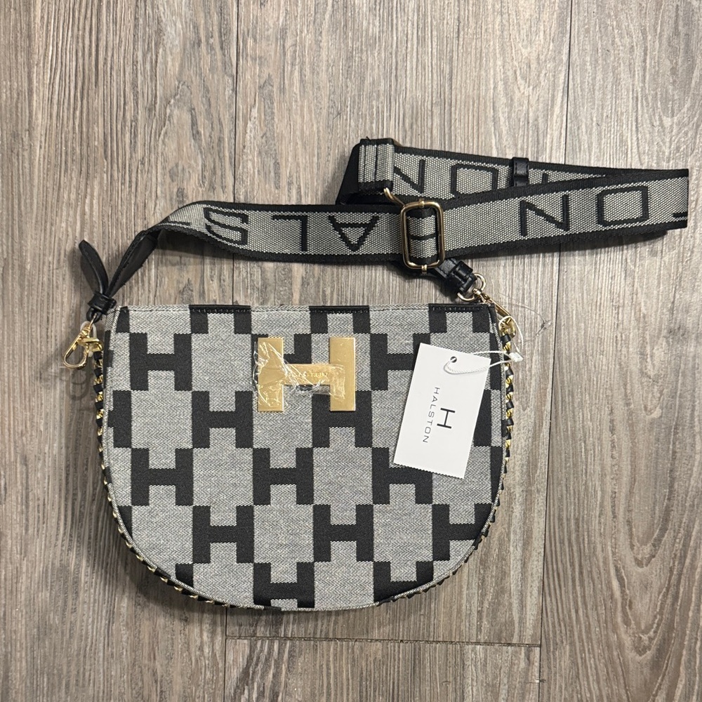 Halston Heritage Black & Gray Logo Jacquard Crossbody